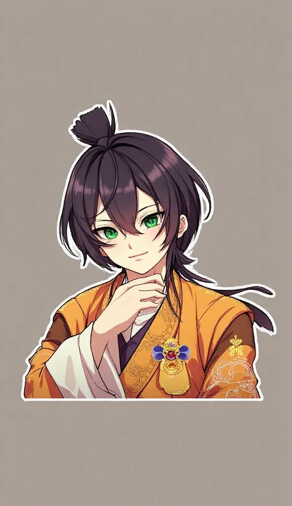 anime style,boy,handsome,Chinese prince, orange clothes,Ponytail, green eyes,Hold a fan in your hand,front