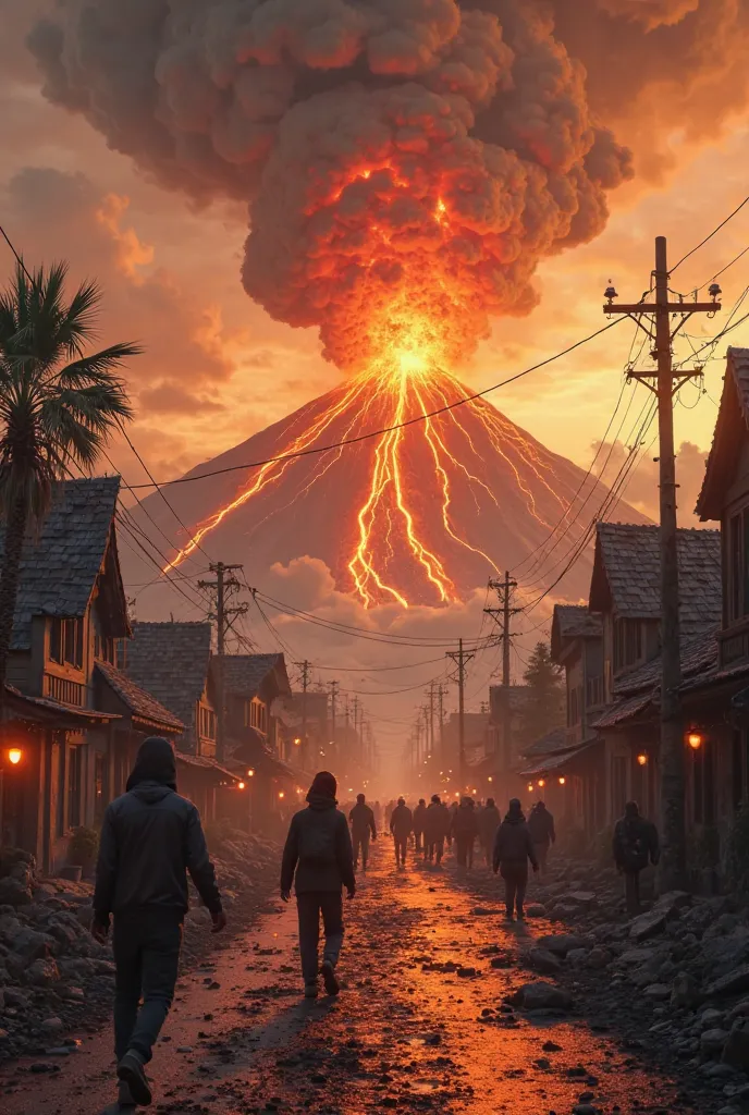 Create a realistic video of a volcanic eruption in a town