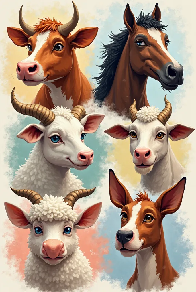 Cartoon images of cow's head, horse's head, goat's head, sheep's head and dog's head