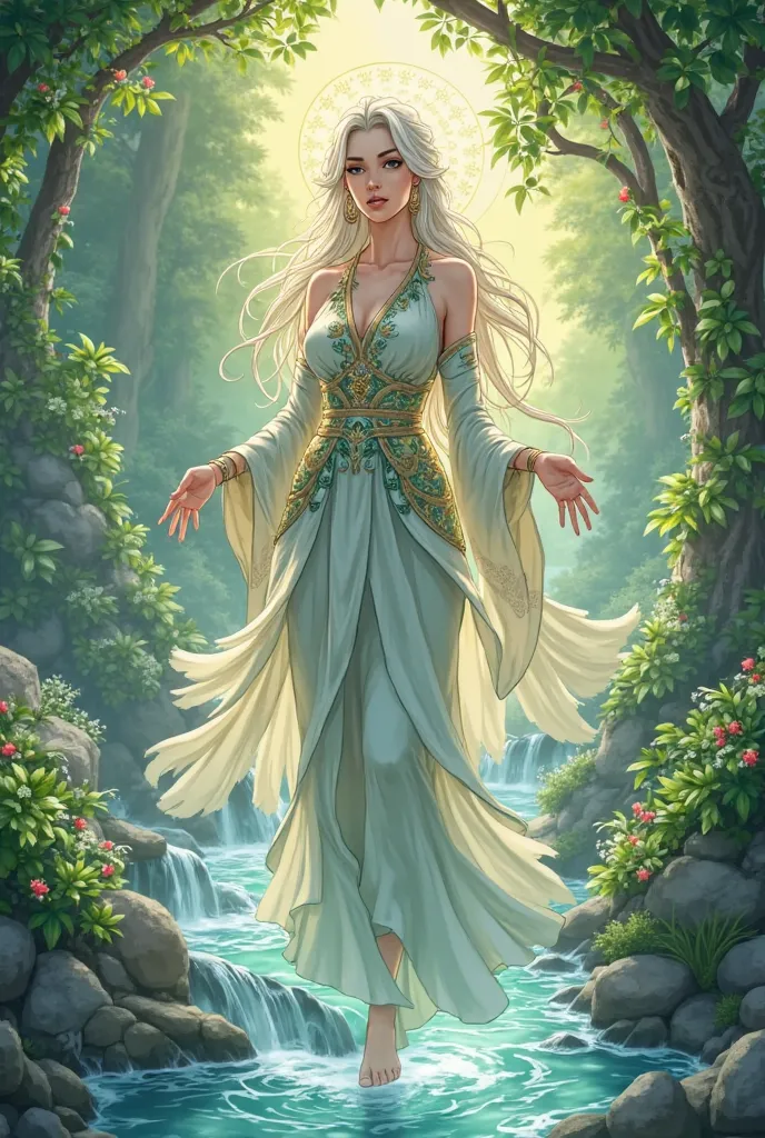 Make a female guardian of the earth make her look like a beautiful wise matured intelligent woman. Put her in beautiful clothing that fits the title of an earth goddess. Make it anime ish make her easier to draw but keep the outfit 