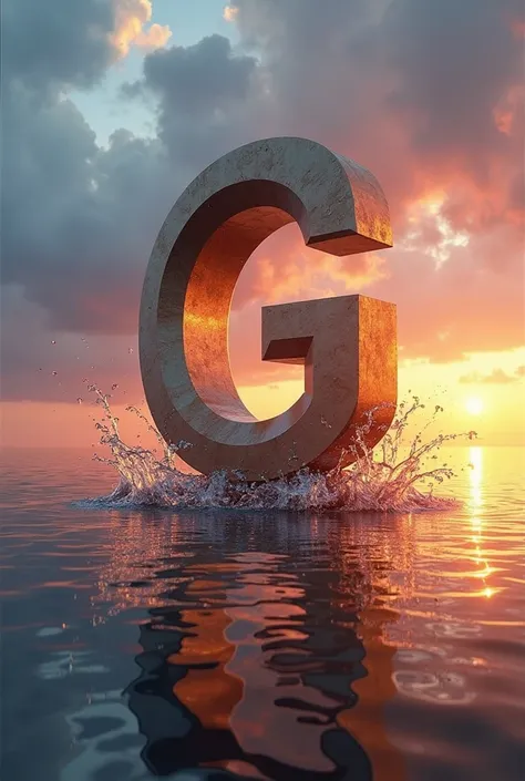 A large, capital letter "G" is positioned in the center of a still body of water. The letter is brown, almost metallic in appearance, and appears to be slightly above the water's surface.  Water splashes and ripples are visible around the letter, particula...