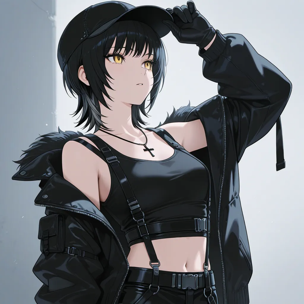 Black tank top midriff sleeveless, black gloves, black Leather and Techwear-Straps, jacket with Belt + Suspenders, Distressed Black Hat, black crucifix necklace, yellow eyes, Short Wolf Cut black, cool girl  