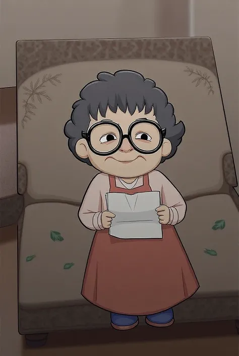 this old lady is sitting on a couch while holding a paper