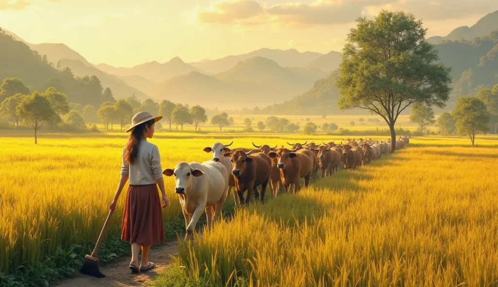 A picture of a countryside scene in the morning, where Lan, a  Vietnamese girl, is leading a herd of cows to the field. Lan, a hard-working girl with a loving expression, is sweeping the path and checking each cow, gently leading them through familiar path...