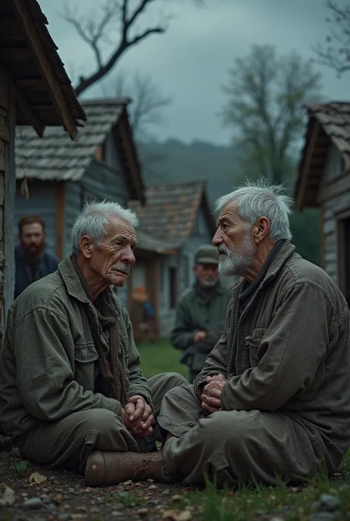 A very clear ultra HD dynamic
A group of villagers, mostly elderly men and women, sitting outside their small wooden houses in a rural village, whispering to each other. Their expressions show fear and curiosity as they talk about the old mansion. The back...