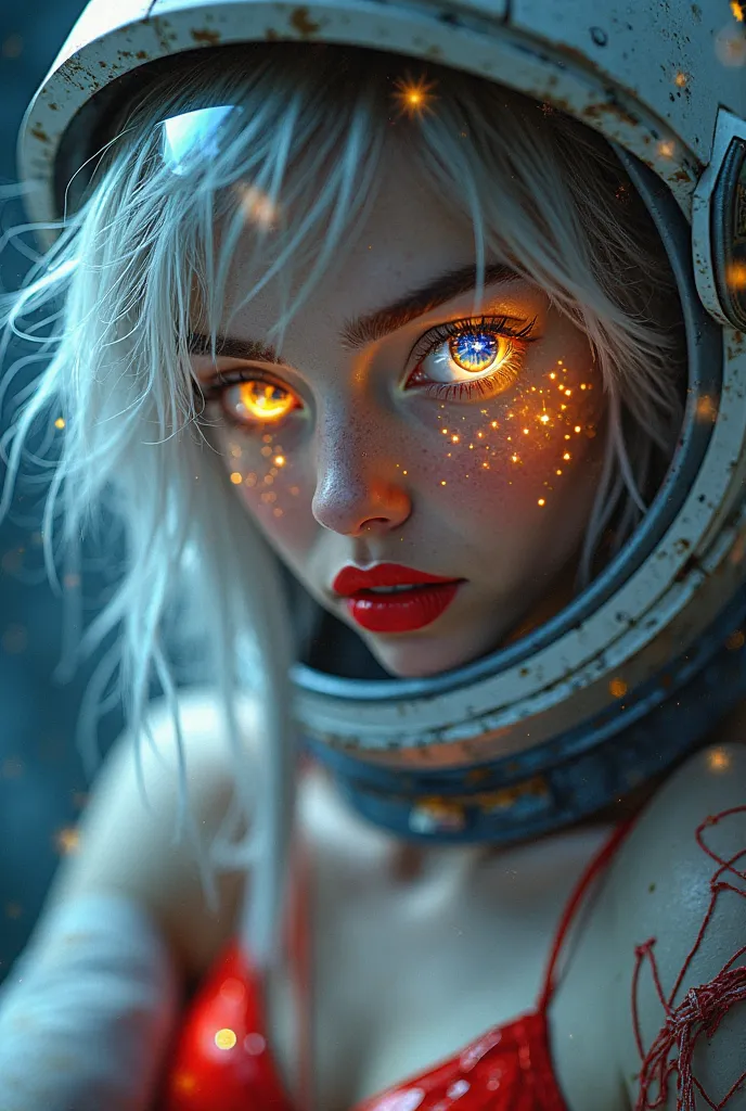 (close-up of an excellent masterpiece:1.5)0.9]，(Space and astronauts:1.2) (Messy silver hair:1.1) (Heterochromia yellow blue eyes:1.2) (Space Helmet:1.0) (With Colored Stars in Eyes:1.0) (dazzling light:1.1) (Thick lips:0.9) red bikini
