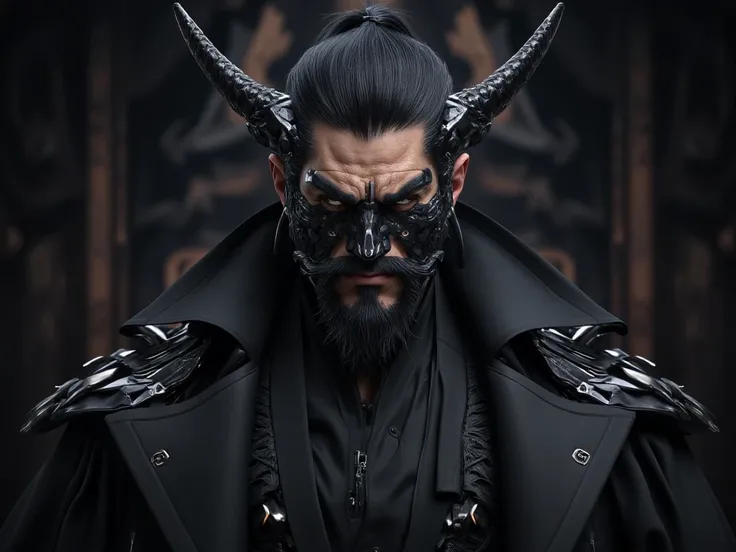 middle-aged man,  is 40 years old.,  black hair,  brutal look , I swiped up,  black hairแซมขาวสั้น,  thick, short beard , There are two horns ,Dragon Hill, Asian, White skin, Very big muscles,  three meters high , Italian mafia outfit , Black formal dress,...