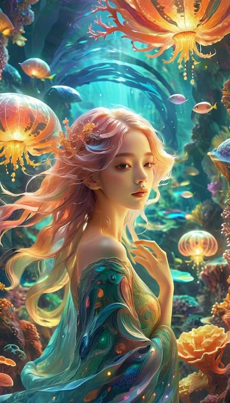  fractal ，Shine，きらきらShine, ,  tiny luminescent quantum dots ,  alien、Many lanterns,  marine life conceptual art , Underwater Scenery, Life at sea ， beautiful coral reef 々 shaped , 3d，, ,  animated fantasy illustration of a woman .  long iridescent hair sca...