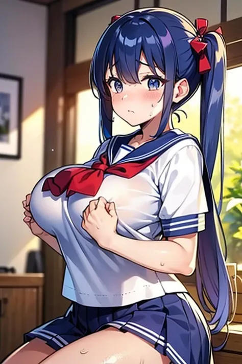 Best quality Best quality, high resolution, 1 Japanese woman, blue hair twin tails 1.3, idol face, shiny skin 1.5, sweaty 1.4, big breasts, chubby figure, holding breasts with both hands, sailor uniform 1.5, thighs 1.3, embarrassed expression, indoor backg...