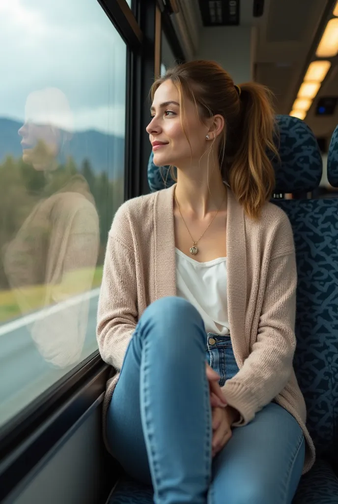 Modern, a young woman sitting on the windowsill, inside a large Mercedes bus. Woman 25-35 years old, with a natural and friendly look. Her hair is shoulder-length or made of a ponytail, with a natural and intimate look (jeans and blouse or a light sweater)...