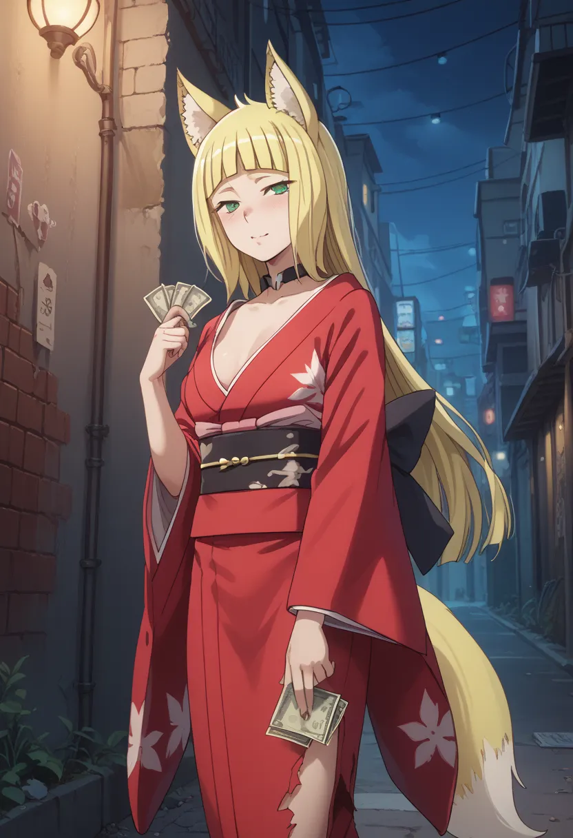 Sexy kimono,torn,haruhime sanjouno,wait in night,alley,prostitution,anthro,fox girl,money,looking at viewer,