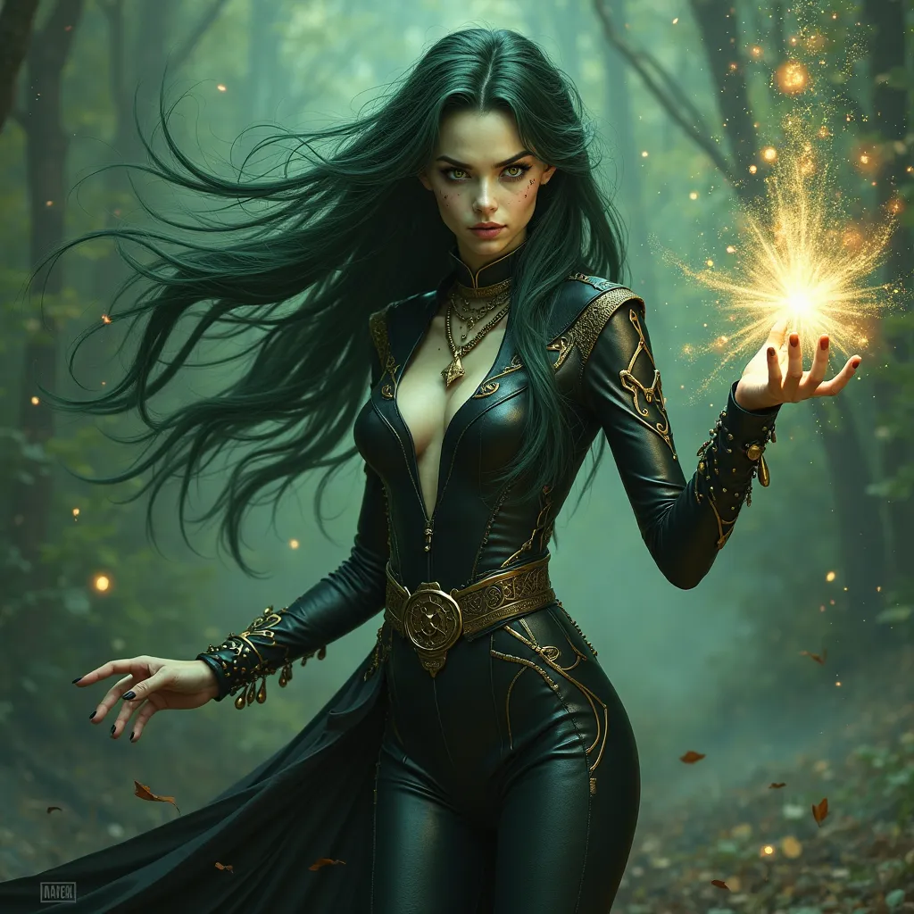 Create a female wizard between an elf and an alien,  with very long dark green hair, has skin as white as the moon and very large, feline eyes, Under the eyes there are freckles of different colors, She is dressed in a dark leather suit and tight with gold...