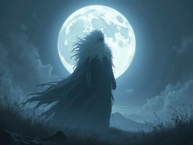 male silhouette with huge white hair on the horizon under a huge full moon