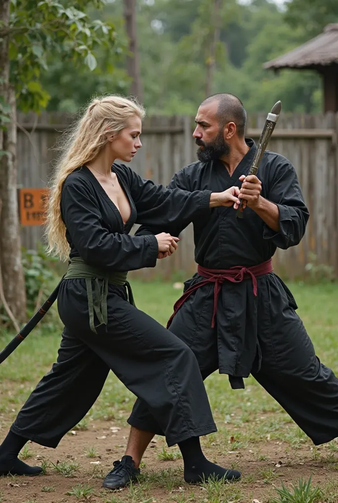 Create a superrealistic young russian girl, blonde long hair, with huge round boobs, covered with her black Silat outfit, with green belt on her waist, 3/4 black trousers with black socks & shoes, in combat with machete in her hand, fight with instructor, ...