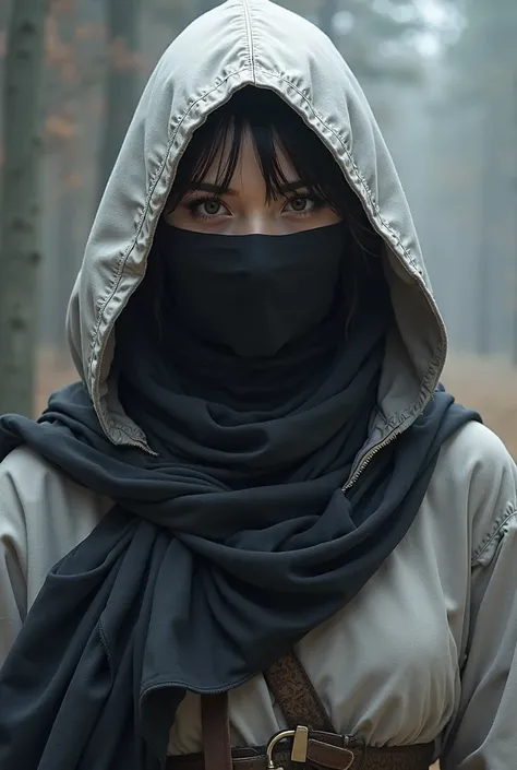 arafed woman wearing a black and white hood and a black scarf, a picture inspired by Kanō Hōgai, reddit, hurufiyya, wearing sith hood, wearing hood, balaclava covering face, wearing white silk hood, face covered, wearing a dark hood, wearing a hood, ninja ...