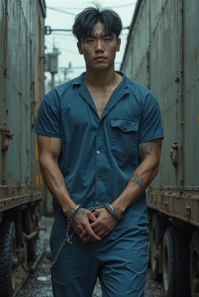 Imprisoned in prison, with a blue jumpsuit, sexy korean guy ,  muscular, good-looking,  old man, 185 cm tall , I have a tattoo on my forearm, , getting off the convoy, Handcuffed and tied to a carrier