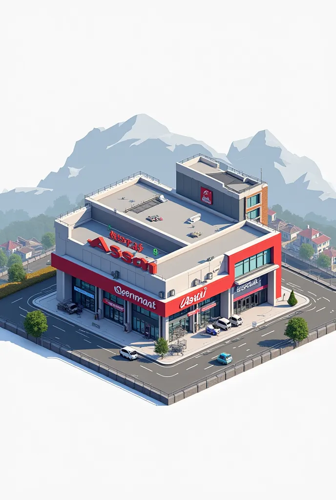 Make this supermarket 'isometric' and in pixel art with the name ASSAÍ remove the background and do it faithful to the example given in the image 