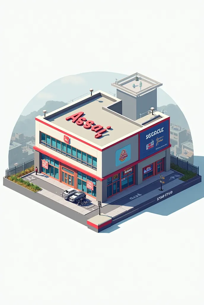 Make this supermarket 'isometric' and in pixel art with the name ASSAÍ remove the background and do it faithful to the example given in the image 