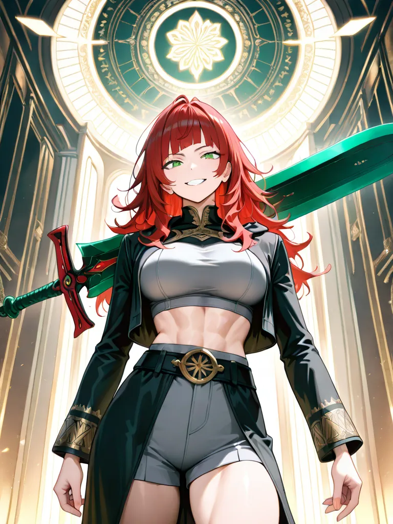  best quality, one girl, green eye, Crimson hair, thick hair bangs, messy hair and bangs, long hair, gray crop top, grey shorts, black thick jacket long robe, adult female, medium breast size, grinning face, women have abdominal muscles, Green Big Sword, h...