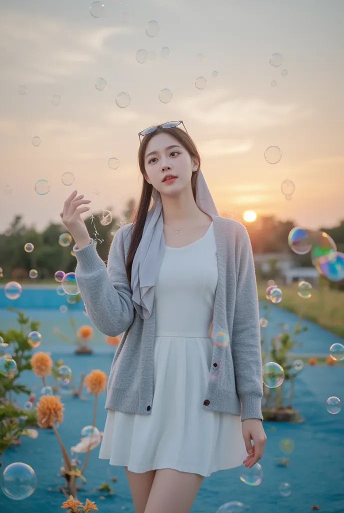 A beautiful  old Asian girl with thin cheeks, wearing a casual white modern dress, a short fitting smooth gray cardigan, long sleeves, a beautiful watch, a casual modern style hijab, glasses on her head, standing enjoying playing with big bubbles in the bl...