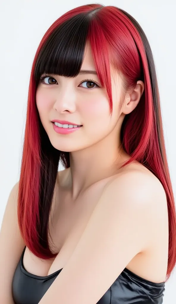    Silky Smooth Hair   、super long hair 、 his hairstyle is straight 、Long Hair That Reaches to the Chest、 、miniskirt、apron、bangs、Two-tone color with bright red hair and black hair、twin tails、(Hairstyle with hair held together on the left and right、Putting ...