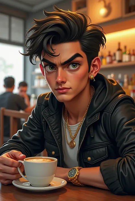 Caricature style of a 25-year-old Indonesian youth,Handsome,wearing black painted jacket ,wears gold jewelry around the neck,wear the clock.sitting in a cafe.while drinking coffee.his face looked angry.Real ultrarealistic photo