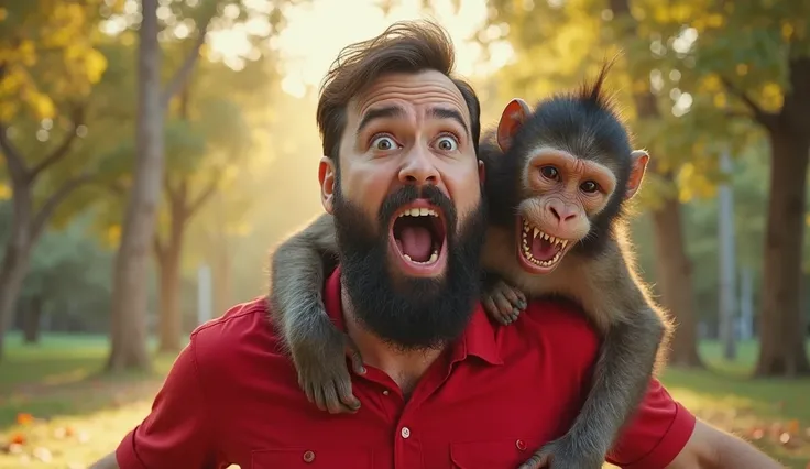 "A highly exaggerated and comical scene featuring a bearded man in a red shirt with a wild, shocked expression, his mouth wide open in fear. A mischievous monkey with sharp teeth and a crazy grin clings onto his shoulders, wrapping its arms around his neck...