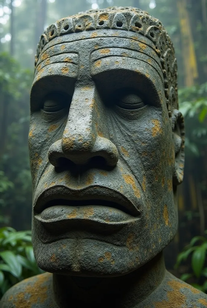 "A close-up of an ancient Olmec stone head, carved from basalt. The head is massive, with intricate facial features and a stern expression. The background shows jungle foliage and a misty atmosphere, evoking the mystery of ancient Mesoamerican civilization...