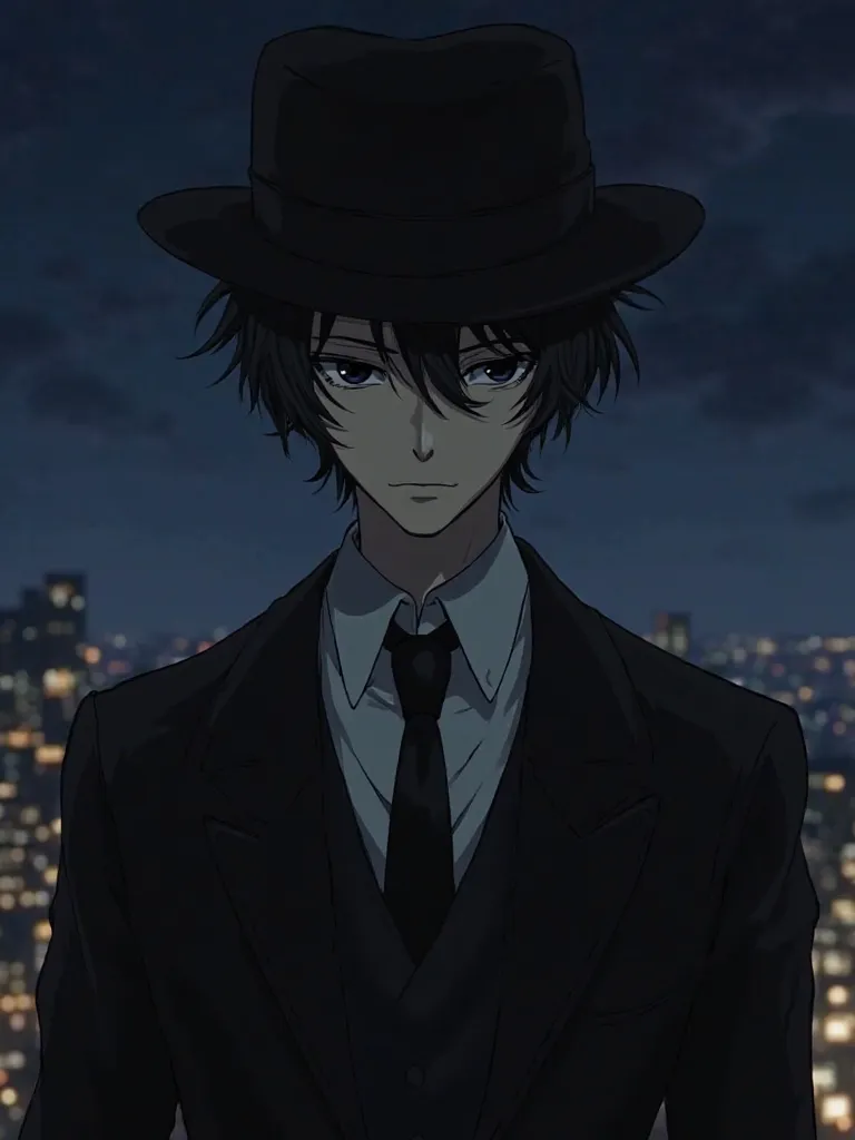 The anime character, a man with black hair, black eyes, reaching 182 centimeters, aged 21, has a sober, respectable and quite handsome posture, in a black suit with a hat that makes him more charming and has a background image of the city at midnight.