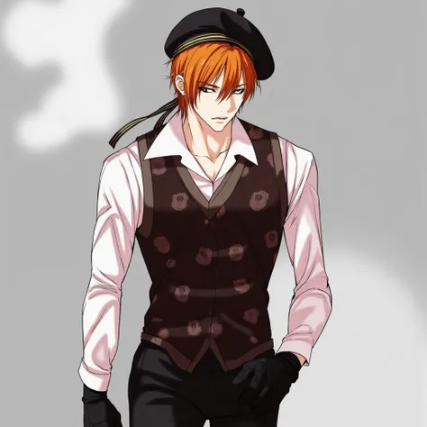 Inner scene "look" Manga with a tall male character, athletic figure, strong, short orange hair, handsome appearance, sharp angular face , Elegant tall male figure, , Confident and relaxed posture, strong jawline, intense gaze, muted color palette, Tight a...