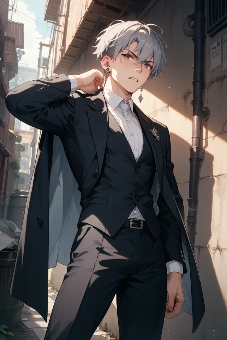 Men have gray hair and mash hairstyles、 red eyes、left ear cuff、 black suit、Fair skin。intimidating masculinity。Pose where you can see your whole body in a standing position with your back against a wall in a dark alley in the background