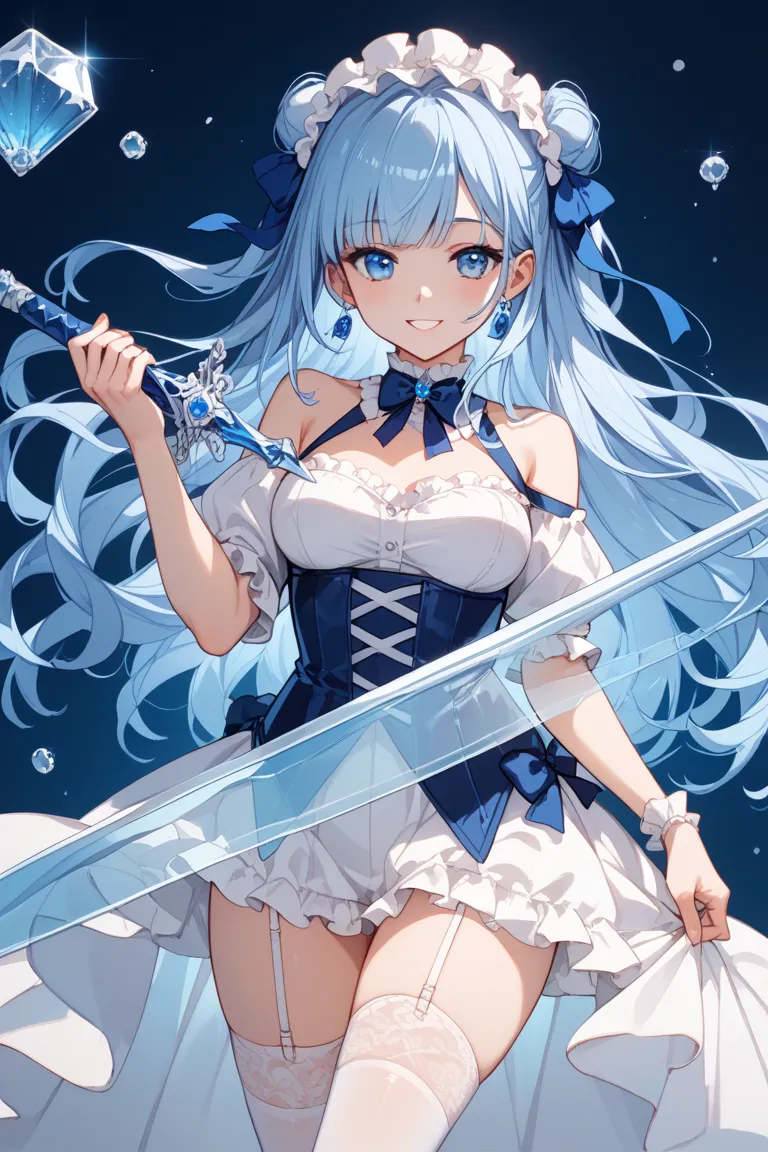 white garter belt, white stockings, white miniskirt, and a beautiful platinum colored long-haired girl wearing a white gothic lolly、I hold a thin longsword made of cerulean blue colored translucent glass holding it here by holding the handle with one hand ...