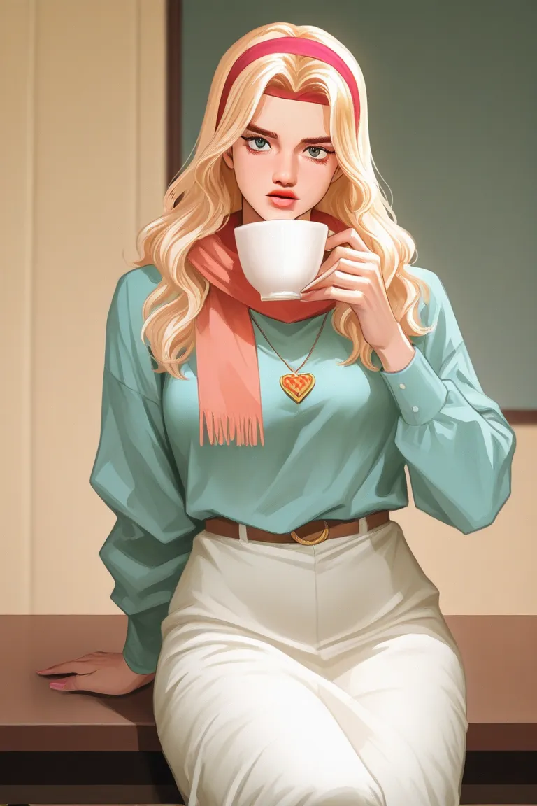 Manhwa girl in 80s clothes/fashion, wearing headband and necklace and scarf, sitting on a table while sipping tea. Her skin is fair and her eyes are blue. She has wavy long, blonde hair. She looks mature but in her 20s. Light JoJo's bizarre adventure artst...