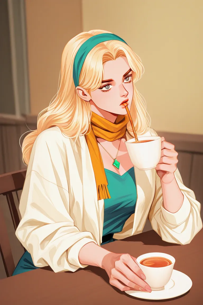 Manhwa girl in 80s clothes/fashion, wearing headband and necklace and scarf, sitting on a table while sipping tea. Her skin is fair and her eyes are blue. She has wavy long, blonde hair. She looks mature but in her 20s. Light JoJo's bizarre adventure artst...