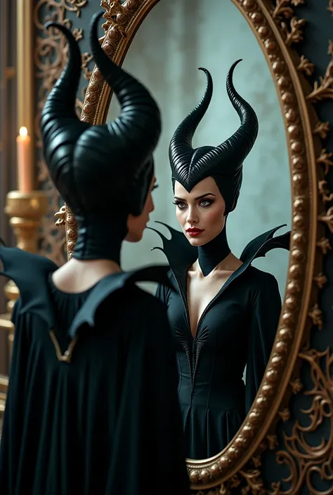 Maleficent wearing makeup in the mirror 