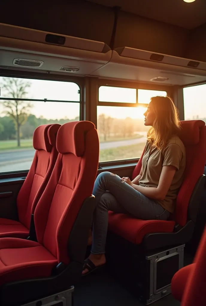 Mercedes-Benz Travego model of a large intercity bus interior. Seats in red and black, looks modern and comfortable. There is a woman sitting on the windowsill, but the face is not visibly visible—camera angle should be from the back or slightly to the sid...