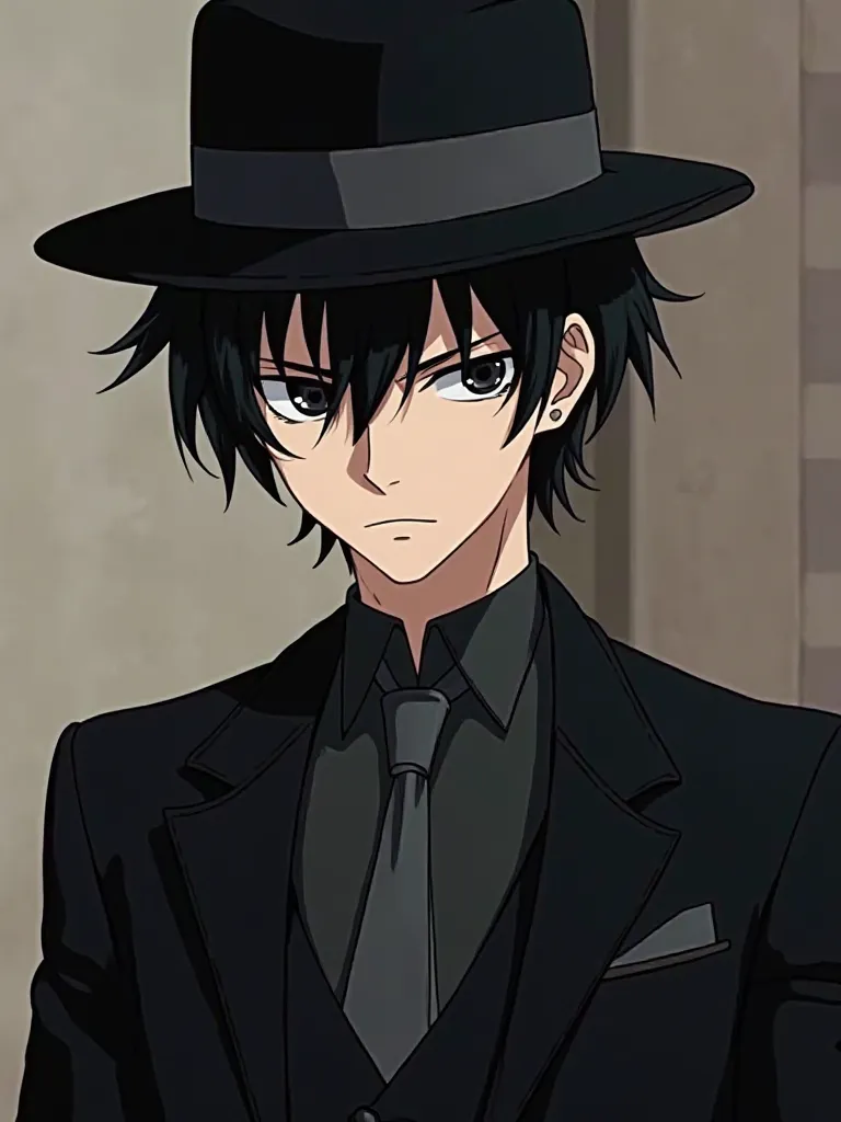 The anime character, a man with black hair, black eyes, reaching 182 centimeters in his 30s, has a sober and aggressive posture, respectable and quite handsome, in a black suit with a hat that makes him more charming.