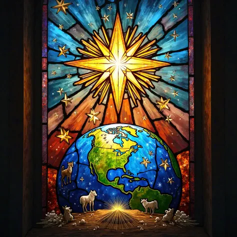 Close-up of a stained glass window showing the Star of Bethlehem as a central object in the heavens being adored by the earth and by life giving hope