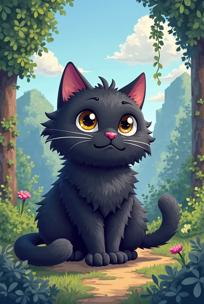  black fluffy cat in the style of a 2d computer game (High detail) 