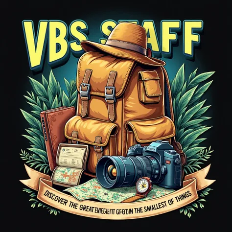 black background,creative,semi-realistic,playful,cartoon style,vibrant pop art t-shirt design of A highly detailed digital illustration featuring:A well-worn tan backpack with multiple pockets, straps, and a rugged outdoor look.A wide-brimmed travel hat wi...