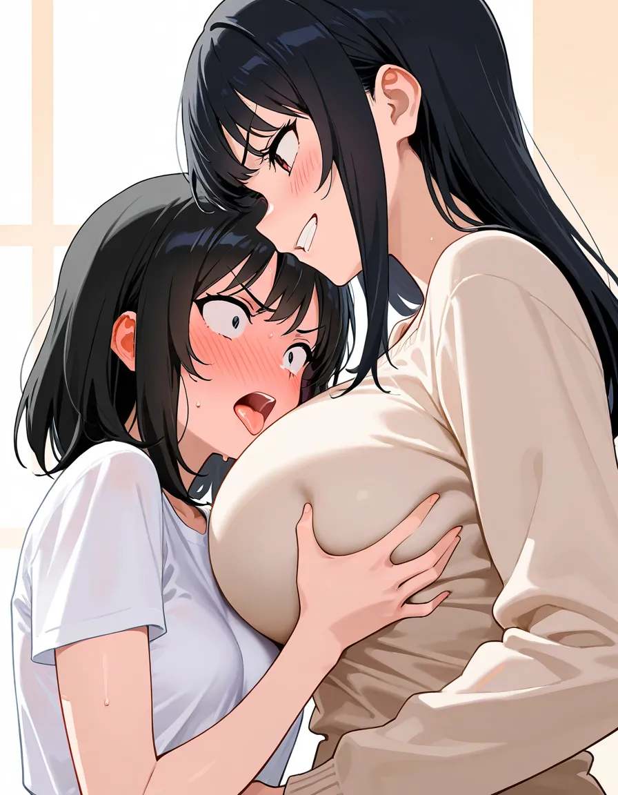 Voice Shape Style , tall body  ,  full faced blush,,, constricted pupils, tongue out,open mouth,  medium hair,, black hair, beige sweater ,white t-shirt,Yuri, 2girls,  MULTI GIRLS , breast press,,grab breast,grin, V-shaped eyebrows, breast match,big breast...