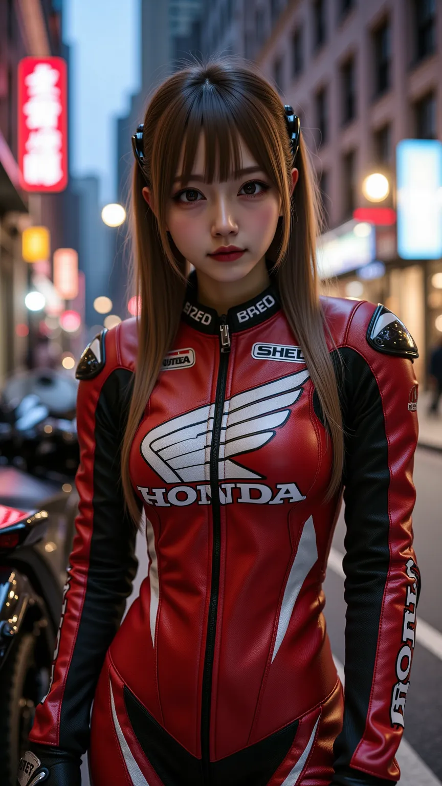 ultra-realistic, photorealistic, dramatic scene, shadow, global-illumination, (young Japanese famous idol girl:1.5), very beautiful fragile Japanese girl, very beautiful with very cute but boyish cool face, wearing a form fitting professional motorcycle ra...