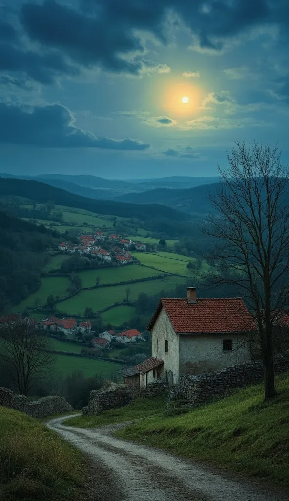  in high definition images、Beautiful rural landscape in realistic painting of a small Romanian town , the moonlight