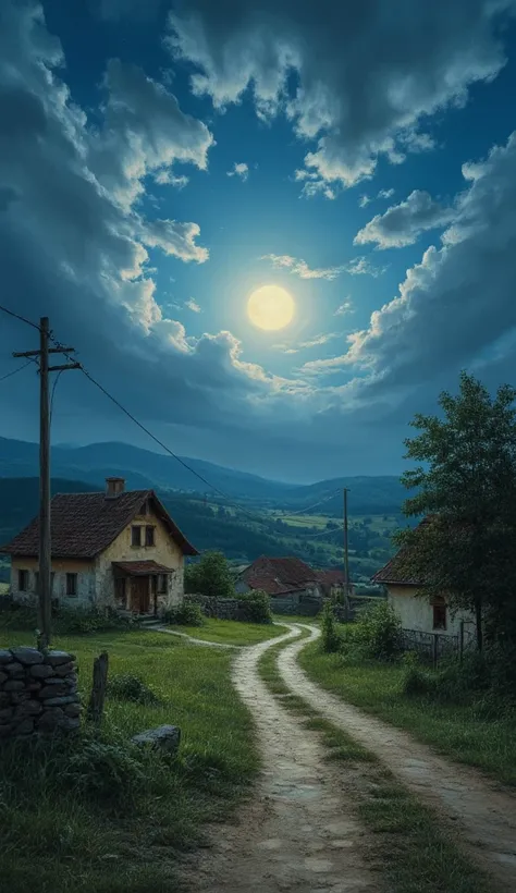  in high definition images、Beautiful rural landscape in realistic painting of a small Romanian town , the moonlight