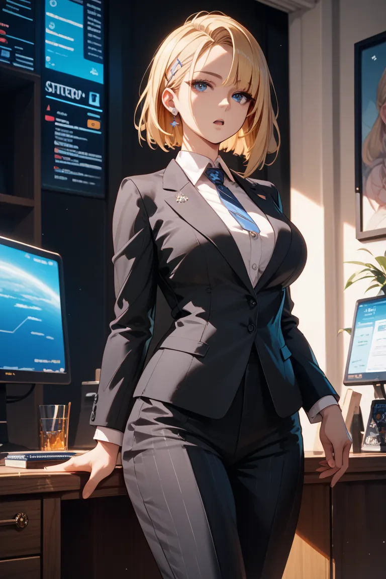 (masterpiece, best quality, ultra-detailed, 8K resolution: 1.2),1Woman,voluptuous,black business suit,SuitPants,expressionless,blue eyes,side parted hairstyle,blonde hair,asymmetrical bob hair,open mouth