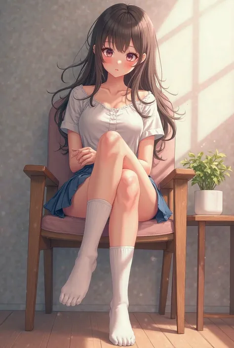 A pretty high school girl wearing a short skirt wearing white socks sitting on a chair with one leg slightly raised and legs crossed in an X shape