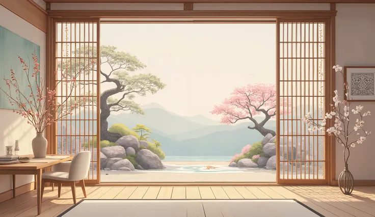 illustration in soft colors predominating , minimalism of a Japanese style living room with window to see the minimalist Japanese garden with bonsai trees, the stage evokes energy and elegance
