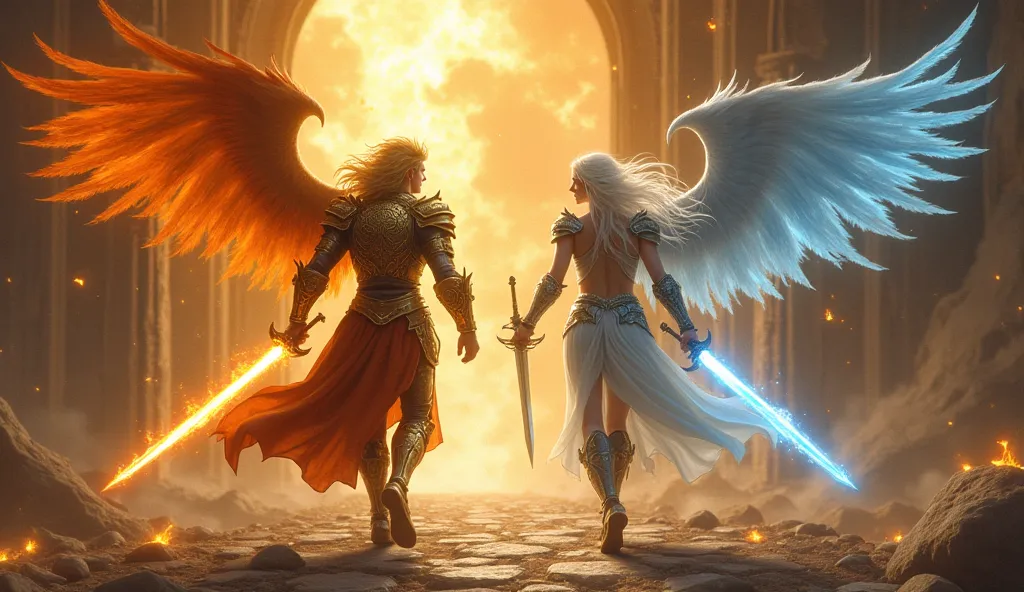 Sol and Luna charging towards the giant gates of chaos, Sol with his fiery wings, flaming sword, Leon Kennedy-style fiery blonde hair, and golden armor, Luna with her icy wings, glowing ice sword, long white hair, and silver armor, intricate celestial desi...