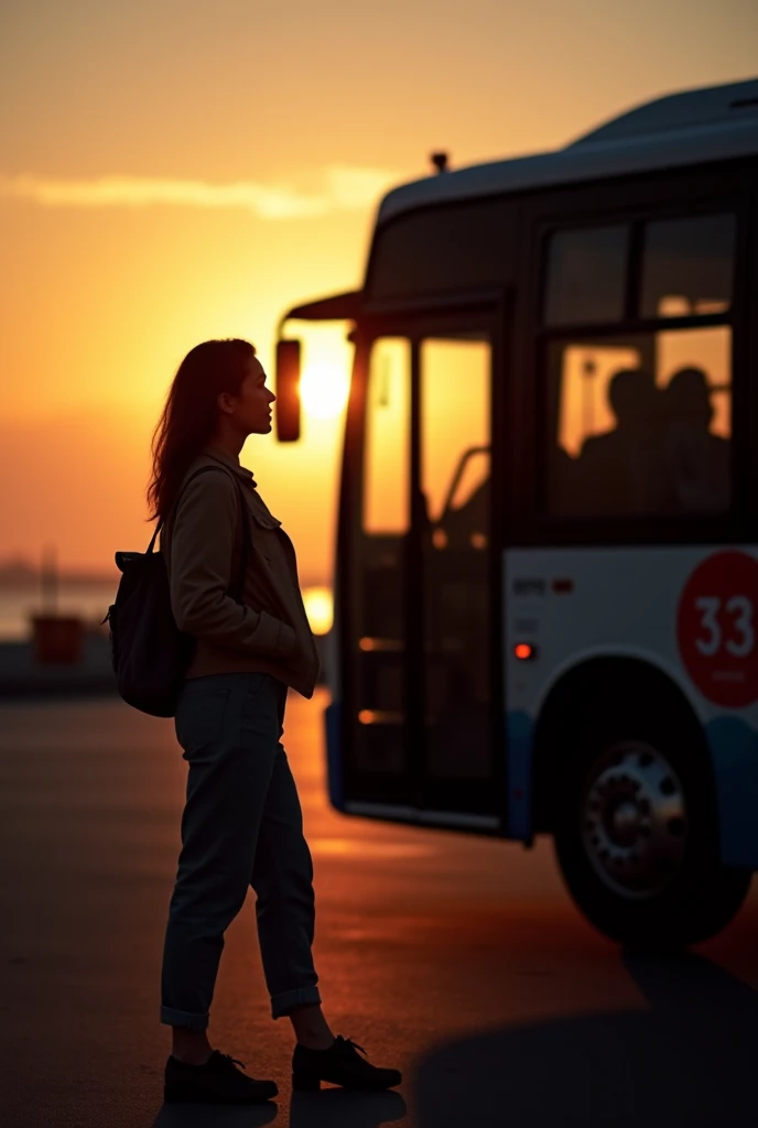 Hasturism in front of the bus, A silhouette of a woman standing at a slightly sideways angle. Woman looking towards the bus, but his face is not visible. She has a stylish but simple outfit on her (like a jacket and comfortable pants). Sunset or sunrise li...