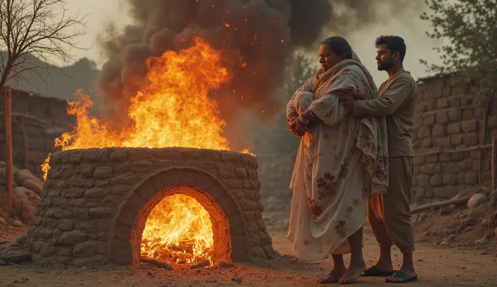 A highly dramatic yet hyper-realistic scene set in a rural Pakistani village during daytime. A young Pakistani man, dressed in traditional shalwar kameez, stands outside a fully traditional desi-style mud-built tandoor, exactly like the reference image—a s...